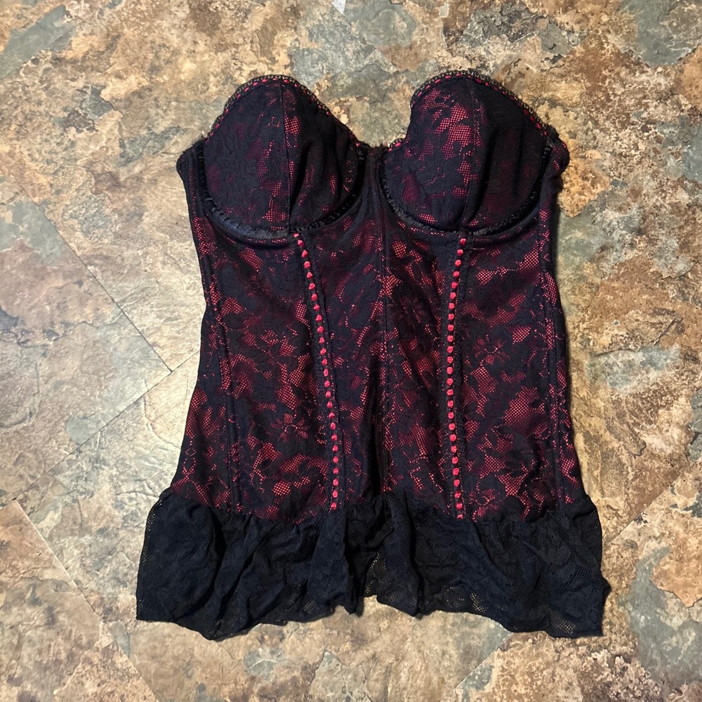 Strapless Lightly Lined Corset Womens Size 36B Black Red Floral Lace Lingerie